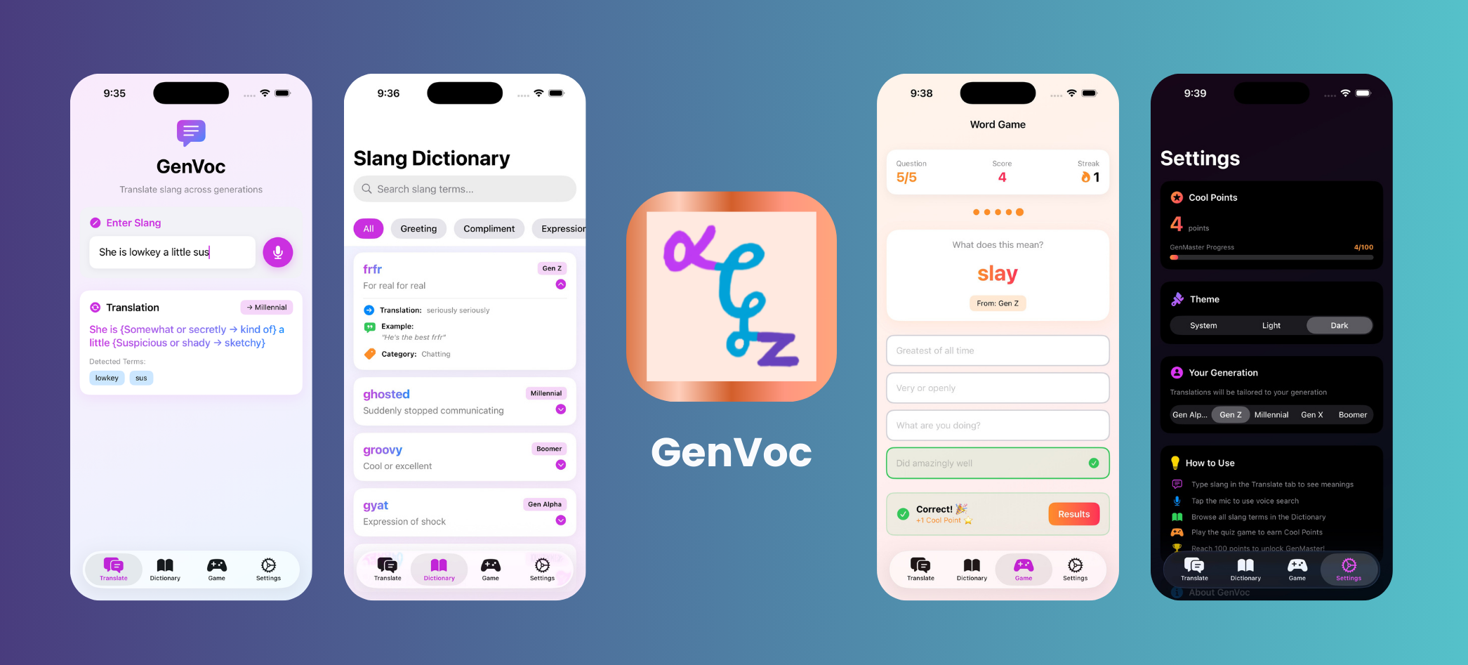 GenVoc translate and dictionary screens