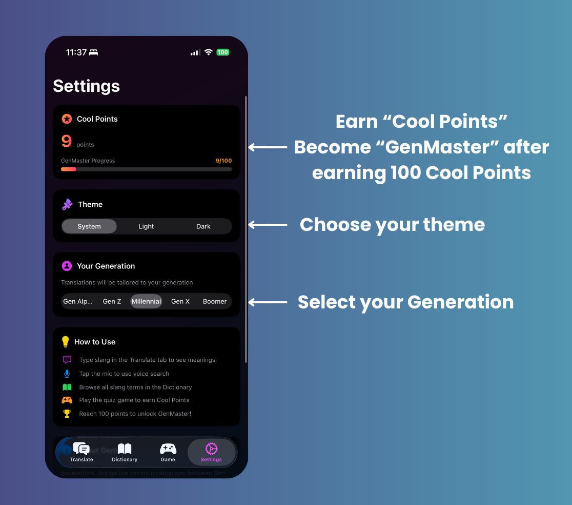 GenVoc settings and personalization