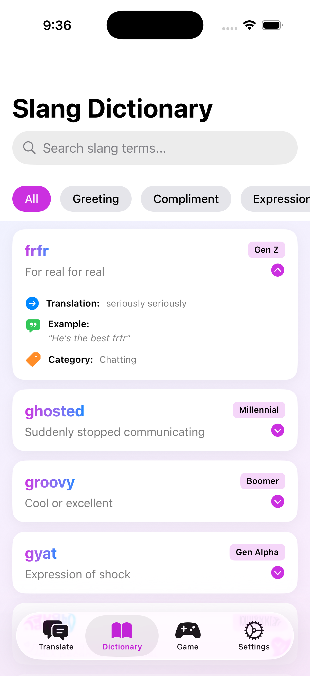 GenVoc settings screen